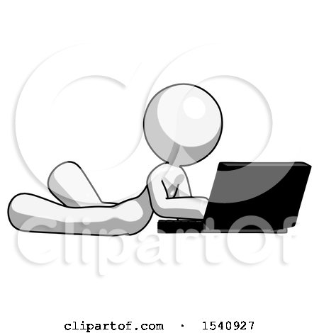White Design Mascot Woman Using Laptop Computer While Lying on Floor Side Angled View by Leo Blanchette