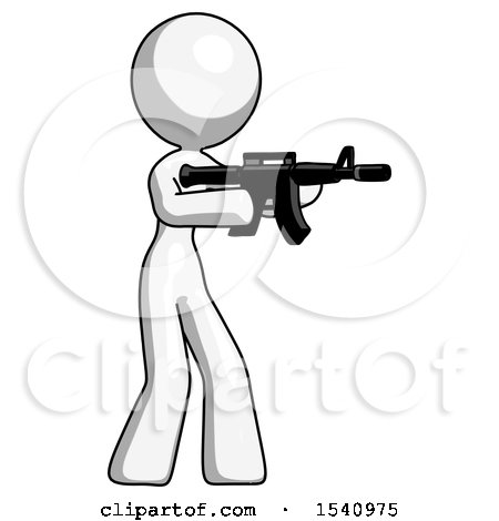 White Design Mascot Woman Shooting Automatic Assault Weapon by Leo Blanchette