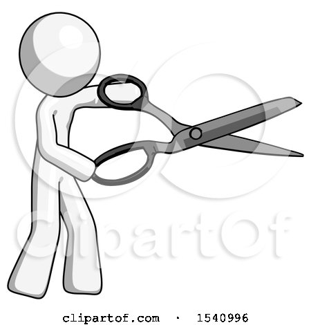White Design Mascot Man Holding Giant Scissors Cutting out Something by Leo Blanchette