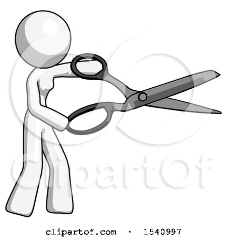 White Design Mascot Woman Holding Giant Scissors Cutting out Something by Leo Blanchette