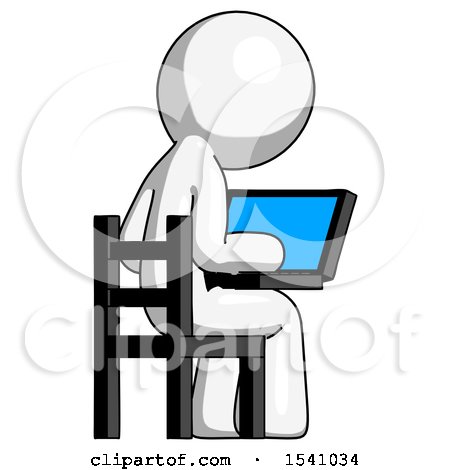 White Design Mascot Man Using Laptop Computer While Sitting in Chair View from Back by Leo Blanchette