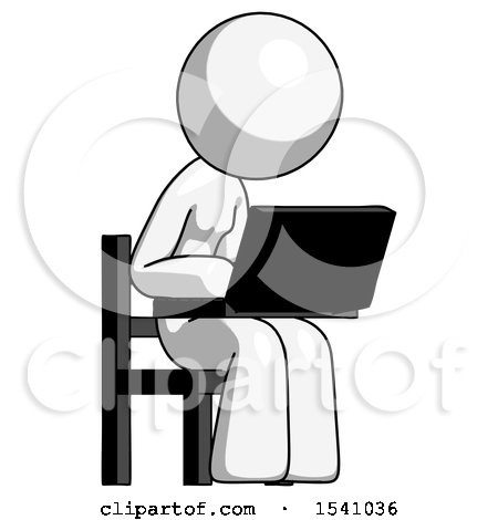 White Design Mascot Woman Using Laptop Computer While Sitting in Chair Angled Right by Leo Blanchette