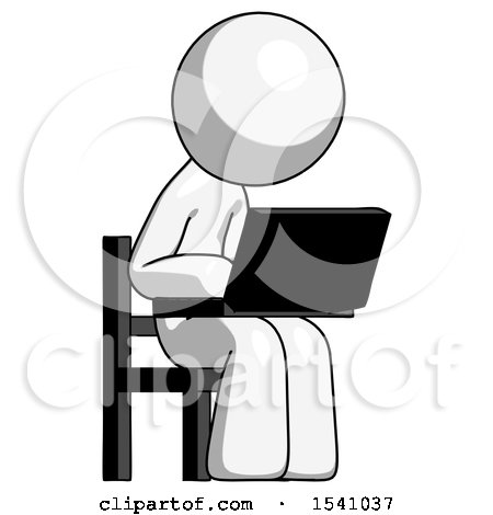 White Design Mascot Man Using Laptop Computer While Sitting in Chair Angled Right by Leo Blanchette
