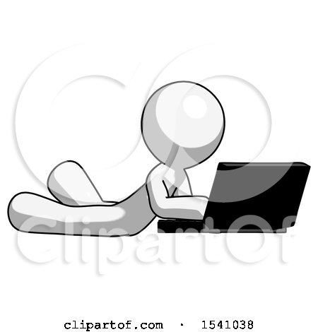 White Design Mascot Man Using Laptop Computer While Lying on Floor Side Angled View by Leo Blanchette