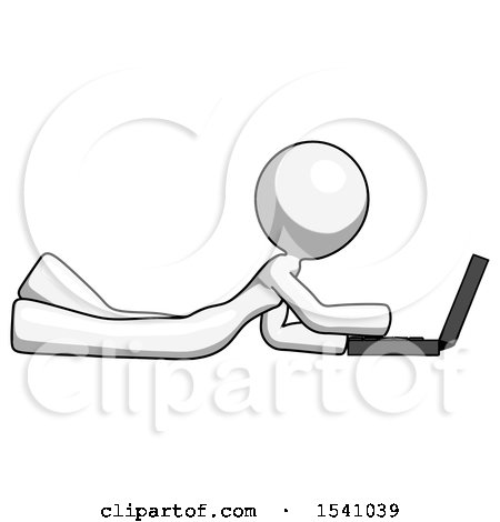 White Design Mascot Woman Using Laptop Computer While Lying on Floor Side View by Leo Blanchette