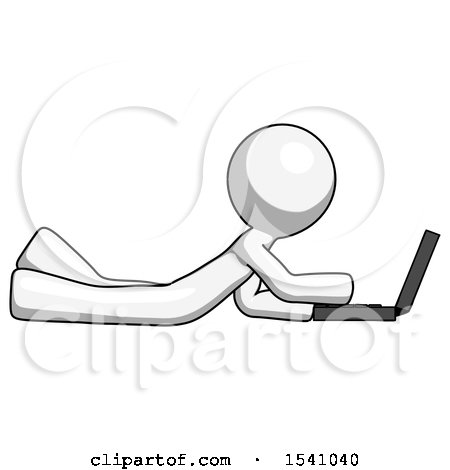 White Design Mascot Man Using Laptop Computer While Lying on Floor Side View by Leo Blanchette
