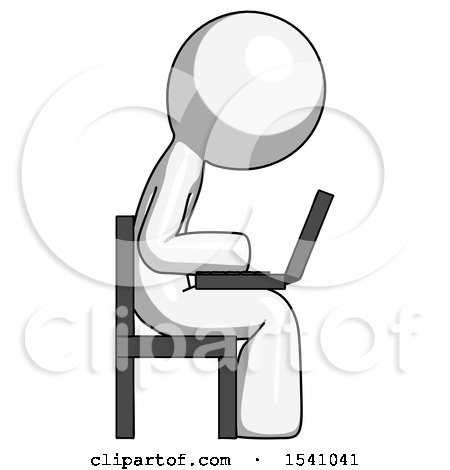 White Design Mascot Man Using Laptop Computer While Sitting in Chair View from Side by Leo Blanchette