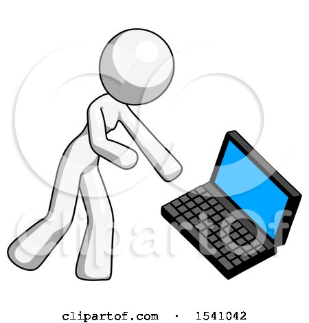 White Design Mascot Woman Throwing Laptop Computer in Frustration by Leo Blanchette