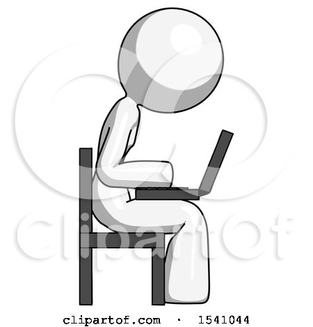 White Design Mascot Woman Using Laptop Computer While Sitting in Chair View from Side by Leo Blanchette