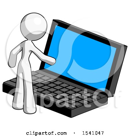 White Design Mascot Woman Using Large Laptop Computer by Leo Blanchette