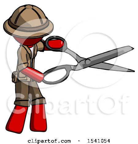 Red Explorer Ranger Man Holding Giant Scissors Cutting out Something by Leo Blanchette