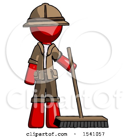 Red Explorer Ranger Man Standing with Industrial Broom by Leo Blanchette