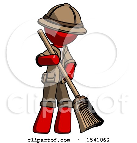 Red Explorer Ranger Man Sweeping Area with Broom by Leo Blanchette
