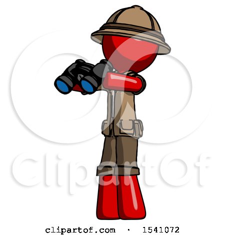 Red Explorer Ranger Man Holding Binoculars Ready to Look Left by Leo Blanchette