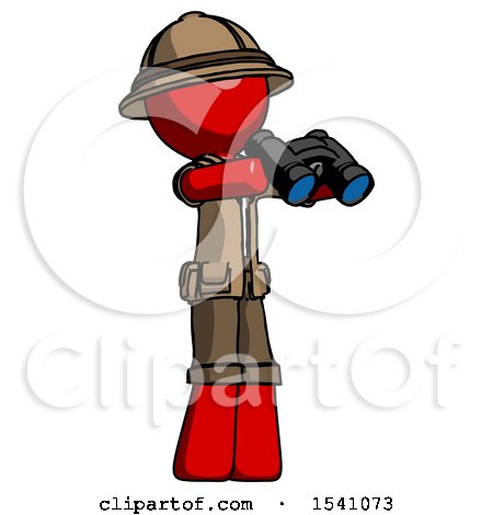 Red Explorer Ranger Man Holding Binoculars Ready to Look Right by Leo Blanchette