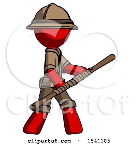 Red Explorer Ranger Man Holding Bo Staff in Sideways Defense Pose by Leo Blanchette