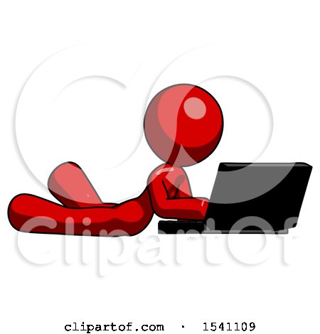 Red Design Mascot Woman Using Laptop Computer While Lying on Floor Side Angled View by Leo Blanchette
