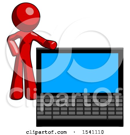 Red Design Mascot Man Beside Large Laptop Computer, Leaning Against It by Leo Blanchette