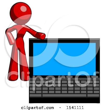 Red Design Mascot Woman Beside Large Laptop Computer, Leaning Against It by Leo Blanchette