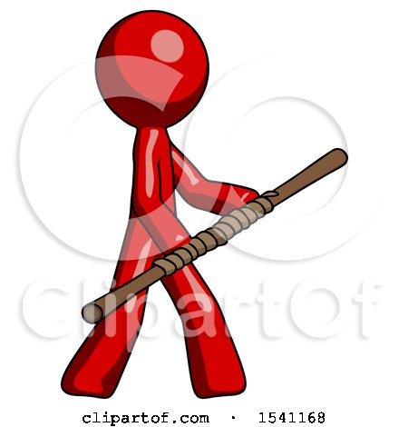 Red Design Mascot Man Holding Bo Staff in Sideways Defense Pose by Leo Blanchette