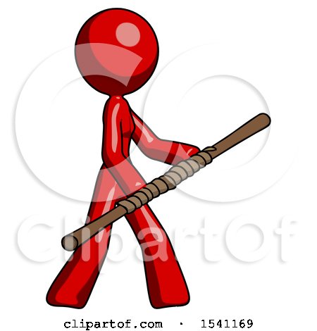 Red Design Mascot Woman Holding Bo Staff in Sideways Defense Pose by Leo Blanchette