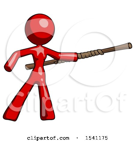 Red Design Mascot Woman Bo Staff Pointing Right Kung Fu Pose by Leo Blanchette