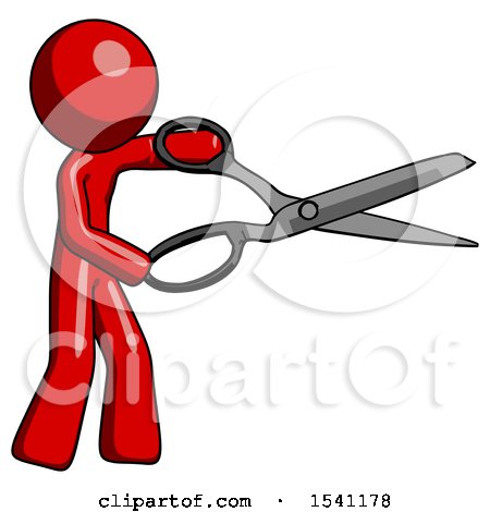 Red Design Mascot Man Holding Giant Scissors Cutting out Something by Leo Blanchette