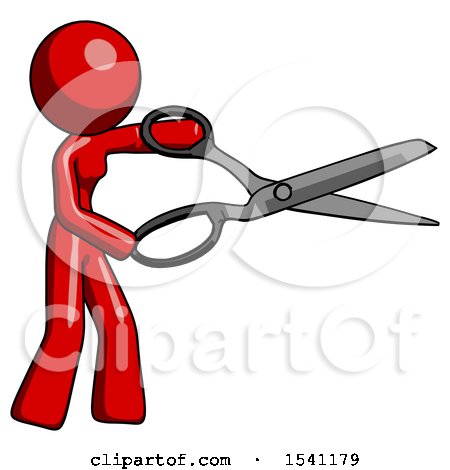 Red Design Mascot Woman Holding Giant Scissors Cutting out Something by Leo Blanchette