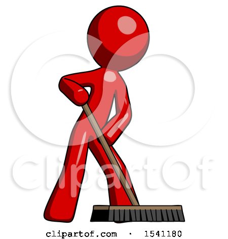 Red Design Mascot Man Cleaning Services Janitor Sweeping Floor with Push Broom by Leo Blanchette