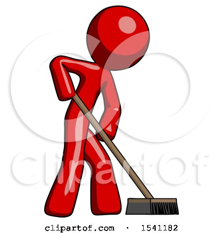 Red Design Mascot Man Cleaning Services Janitor Sweeping Side View by Leo Blanchette