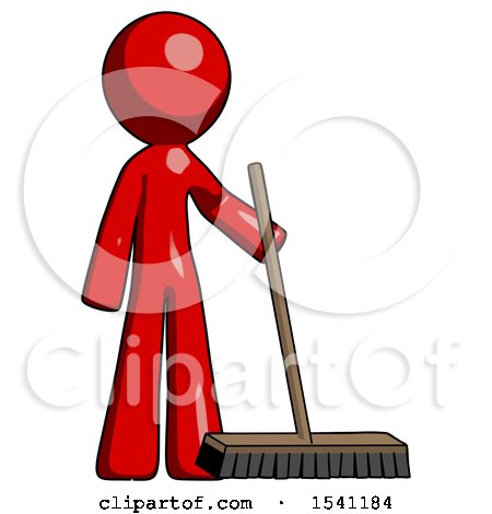 Red Design Mascot Man Standing with Industrial Broom by Leo Blanchette