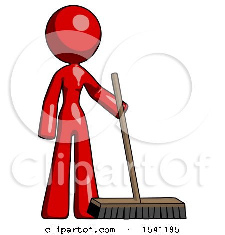 Red Design Mascot Woman Standing with Industrial Broom by Leo Blanchette