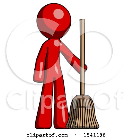 Red Design Mascot Man Standing with Broom Cleaning Services by Leo Blanchette