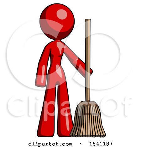 Red Design Mascot Woman Standing with Broom Cleaning Services by Leo Blanchette