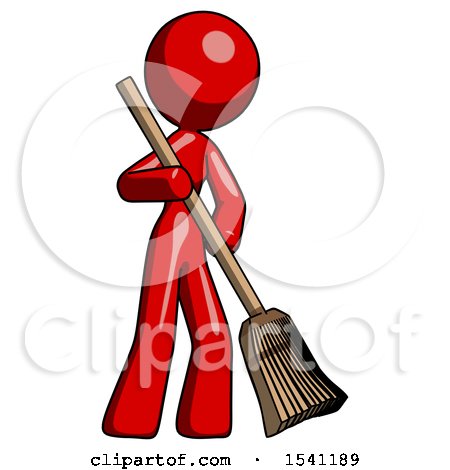 Red Design Mascot Woman Sweeping Area with Broom by Leo Blanchette