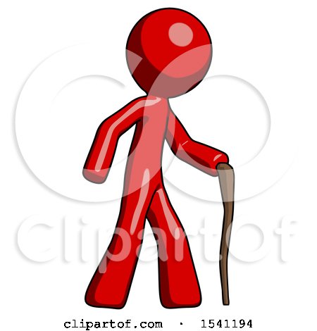 Red Design Mascot Man Walking with Hiking Stick by Leo Blanchette