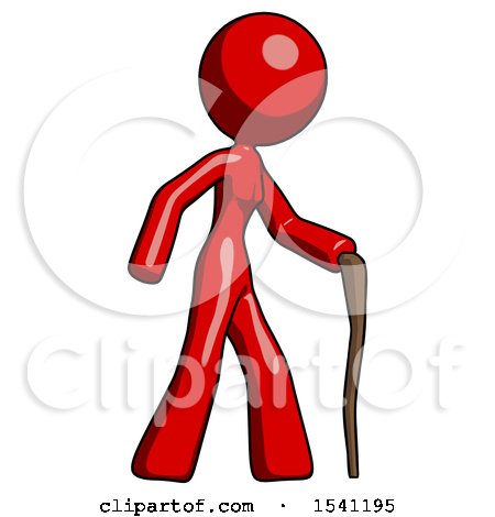 Red Design Mascot Woman Walking with Hiking Stick by Leo Blanchette