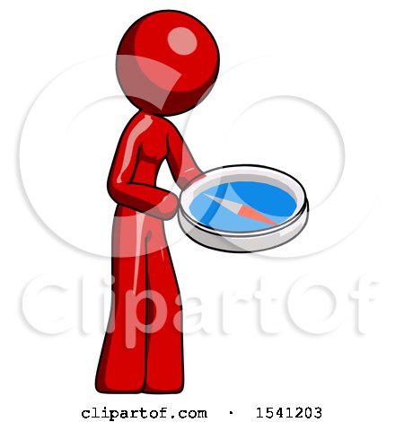 Red Design Mascot Woman Looking at Large Compass Facing Right by Leo Blanchette