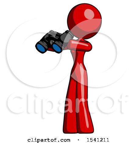 Red Design Mascot Woman Holding Binoculars Ready to Look Left by Leo Blanchette