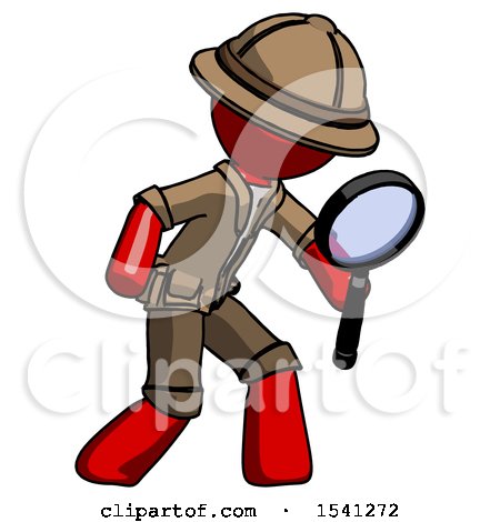 Red Explorer Ranger Man Inspecting with Large Magnifying Glass Right by Leo Blanchette