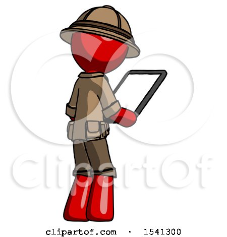 Red Explorer Ranger Man Looking at Tablet Device Computer Facing Away by Leo Blanchette