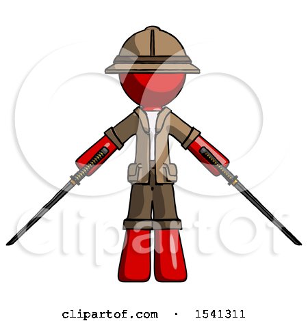 Red Explorer Ranger Man Posing with Two Ninja Sword Katanas by Leo Blanchette