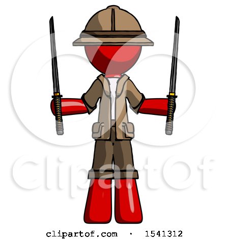 Red Explorer Ranger Man Posing with Two Ninja Sword Katanas up by Leo Blanchette