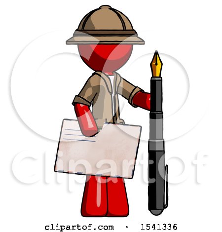 Red Explorer Ranger Man Holding Large Envelope and Calligraphy Pen by Leo Blanchette