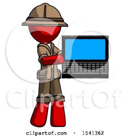Red Explorer Ranger Man Holding Laptop Computer Presenting Something on Screen by Leo Blanchette