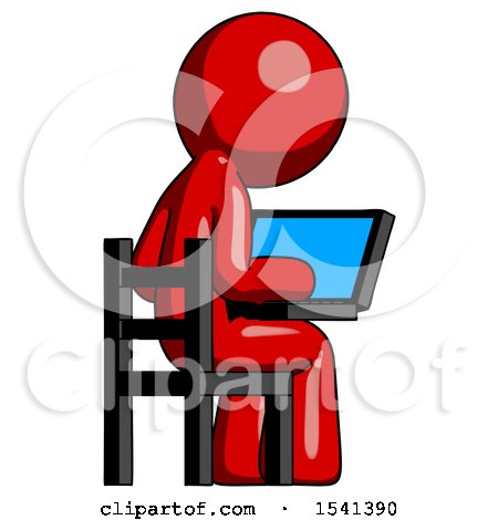 Red Design Mascot Man Using Laptop Computer While Sitting in Chair View from Back by Leo Blanchette