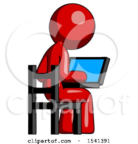 Red Design Mascot Woman Using Laptop Computer While Sitting in Chair View from Back by Leo Blanchette