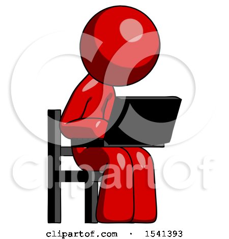 Red Design Mascot Man Using Laptop Computer While Sitting in Chair Angled Right by Leo Blanchette