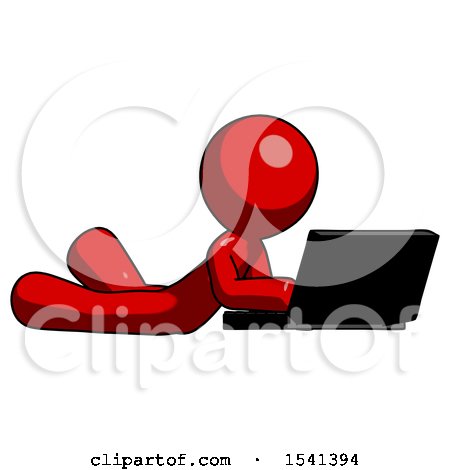 Red Design Mascot Man Using Laptop Computer While Lying on Floor Side Angled View by Leo Blanchette