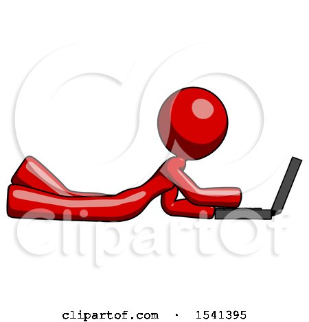 Red Design Mascot Woman Using Laptop Computer While Lying on Floor Side View by Leo Blanchette